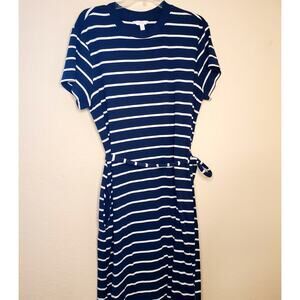 Blue & White Striped Casual Cotton Blend Short Sleeve Belted Dress Sz L (12-14)